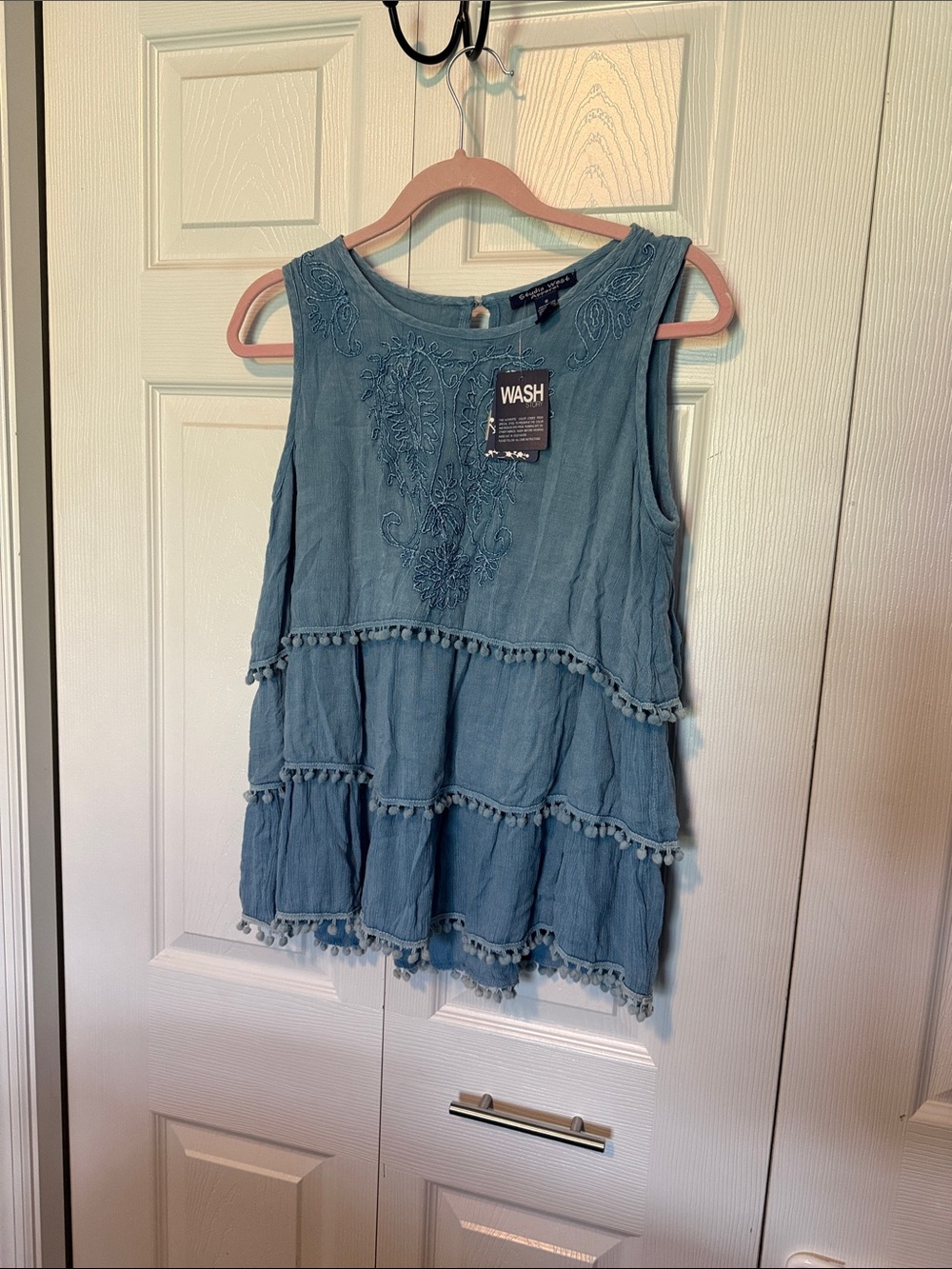 Studio West Dusty Blue Tiered Pom-Pom Tank